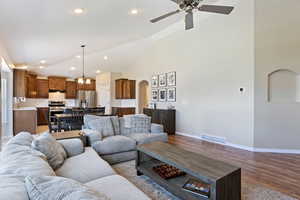 Living room featuring high vaulted ceiling, sink, wood-type flooring, and ceiling fan