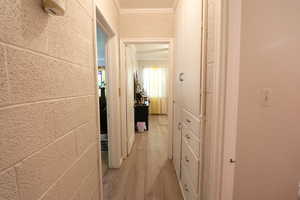 Corridor featuring ornamental molding and light hardwood / wood-style flooring