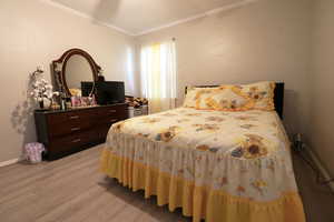 Bedroom featuring wood-type flooring and crown molding