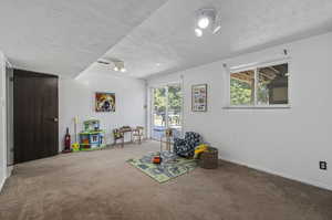 Playroom featuring carpet and a textured ceiling