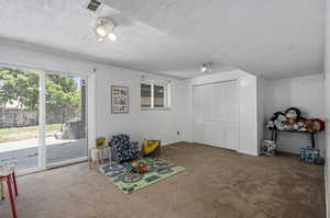 Recreation room featuring carpet floors and a textured ceiling