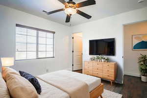 Bedroom featuring dark hardwood / wood-style flooring and ceiling fan