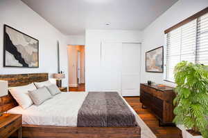 Bedroom featuring dark hardwood / wood-style flooring and a closet