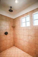 Bathroom with a healthy amount of sunlight and tiled shower