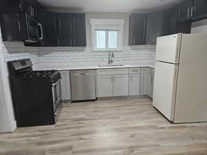 Kitchen featuring light hardwood / wood-style floors, sink, backsplash, and stainless steel appliances