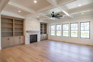 Great Room w/Limestone Fireplace and Oak Built-Ins