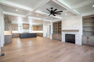 Great Room w/Limestone Fireplace and Oak Built-Ins