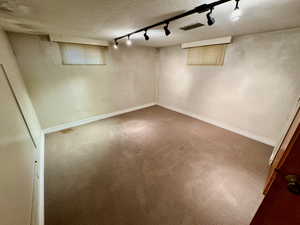 Basement with track lighting, a textured ceiling, and carpet floors