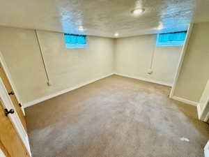 Basement featuring a textured ceiling and carpet floors