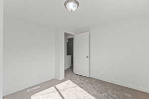 Carpeted spare room featuring visible vents and baseboards