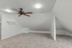 Additional living space with carpet floors, a ceiling fan, a textured ceiling, and lofted ceiling