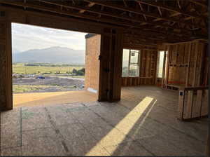 Kitchen and living room with a mountain view