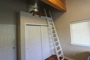 Bedroom featuring lofted ceiling, fun loft area, access with a ladder, and wood-style flooring