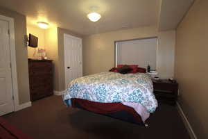 Bedroom featuring dark colored carpet