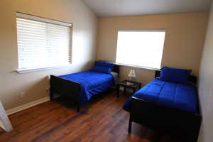 Bedroom featuring lofted ceiling, fun loft area, access with a ladder, and wood-style flooring