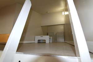 Bedroom featuring lofted ceiling, fun loft area, access with a ladder, and wood-style flooring