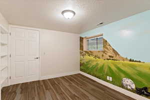 Room with custom mural and dark wood-type flooring