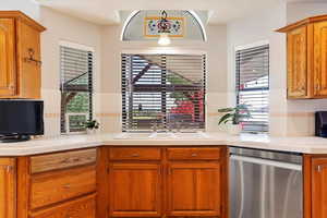 Kitchen overlooks backyard