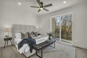 Bedroom with access to outside, carpet flooring, and ceiling fan