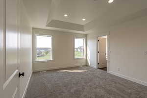 Carpeted empty room featuring a raised ceiling and a textured ceiling