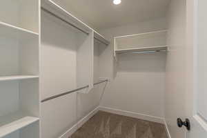 Walk in closet featuring dark colored carpet