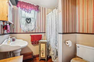 Bathroom with hardwood / wood-style flooring and toilet