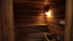 View of sauna featuring wooden walls