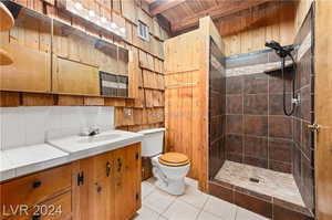 Bathroom featuring tiled shower, tile flooring, vanity with extensive cabinet space, tasteful backsplash, and toilet