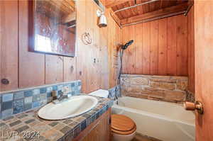 Full bathroom featuring wood ceiling, shower / bath combination, wood walls, toilet, and vanity