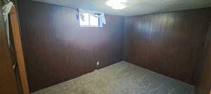 Basement with wood walls and carpet