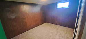 Carpeted spare room featuring elevator and wooden walls