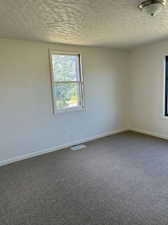 Empty room featuring carpet and a textured ceiling