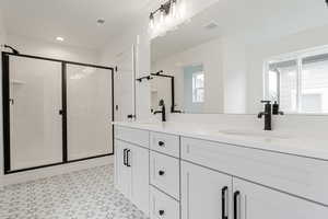 Bathroom featuring vanity, a healthy amount of sunlight, and a shower with door