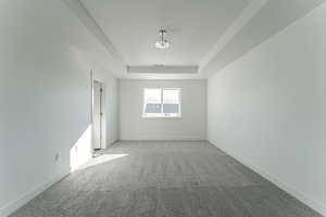 Spare room featuring a tray ceiling and light colored carpet