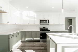 Kitchen featuring white cabinets, hanging light fixtures, dark wood-type flooring, sink, and stainless steel appliances