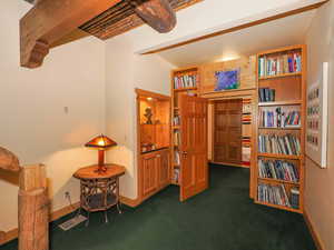 Built-in display and bookshelves separating ground floor bedroom and family room