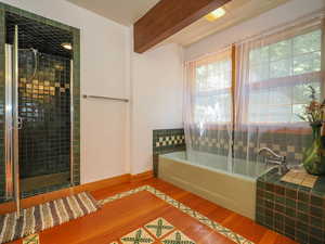 Primary bathroom with shower and tub, tile and woodwork, and South-facing windows with mountain views