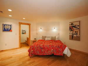 Large basement primary bedroom with wood floors