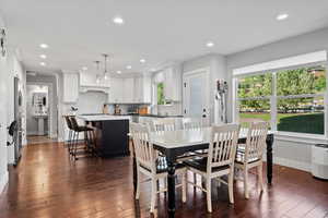 Dining room featuring a healthy amount of sunlight, sink, and dark wood-type flooring