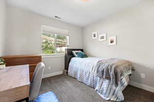 Bedroom featuring dark colored carpet