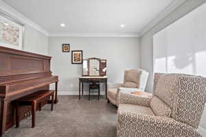 Living area with ornamental molding and carpet flooring