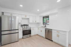 Kitchen with light wood-type flooring, stainless steel appliances, white cabinets, sink, and tasteful backsplash