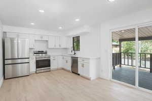 Kitchen featuring stainless steel appliances, a healthy amount of sunlight, and light hardwood / wood-style floors