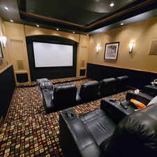 Incredible home cinema room featuring carpet and a tray ceiling.