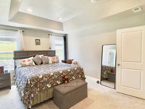 Carpeted bedroom with a tray ceiling and a textured ceiling