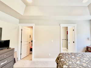 Carpeted bedroom featuring a tray ceiling and a textured ceiling