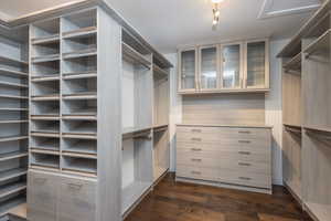 Walk in closet with dark hardwood / wood-style floors