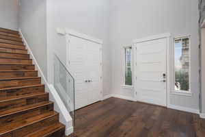 Entrance foyer with a high ceiling, a wealth of natural light, and dark hardwood / wood-style floors