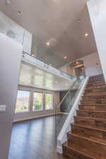 Stairs with dark hardwood / wood-style flooring