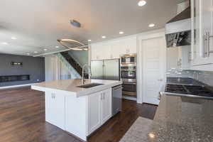 Kitchen featuring white cabinets, tasteful backsplash, dark hardwood / wood-style floors, and built in appliances